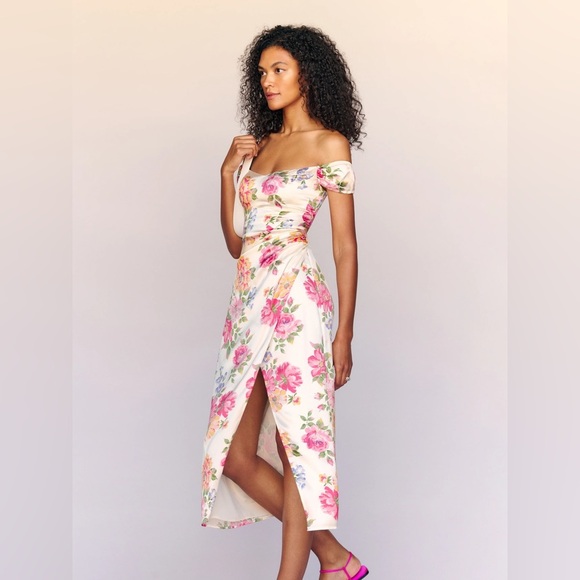 Reformation Dresses & Skirts - Reformation Beige Floral Genesis Off The Shoulder Back Smoking Silk Dress size 8